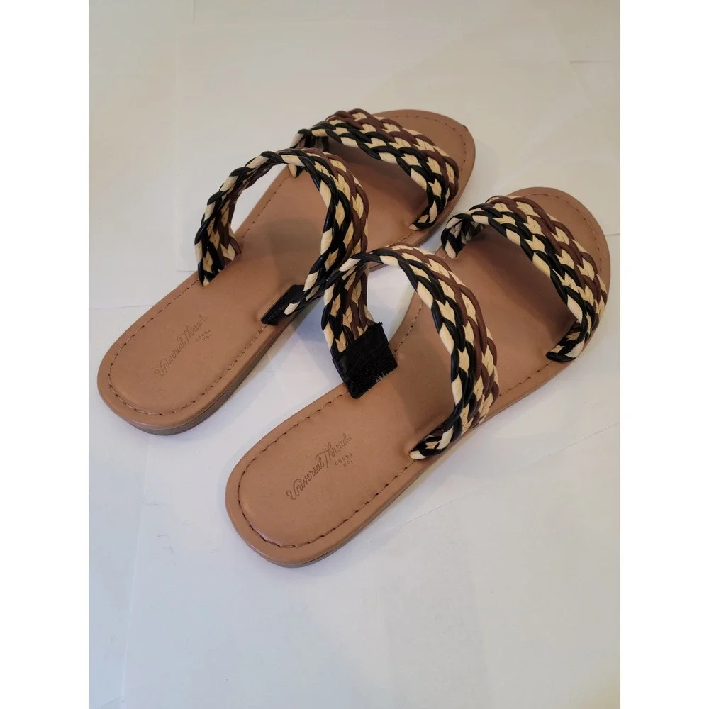 Universal Thread‎ Slide Sandals Women 8.5 Braided Straps Brown Tan Woven Flat